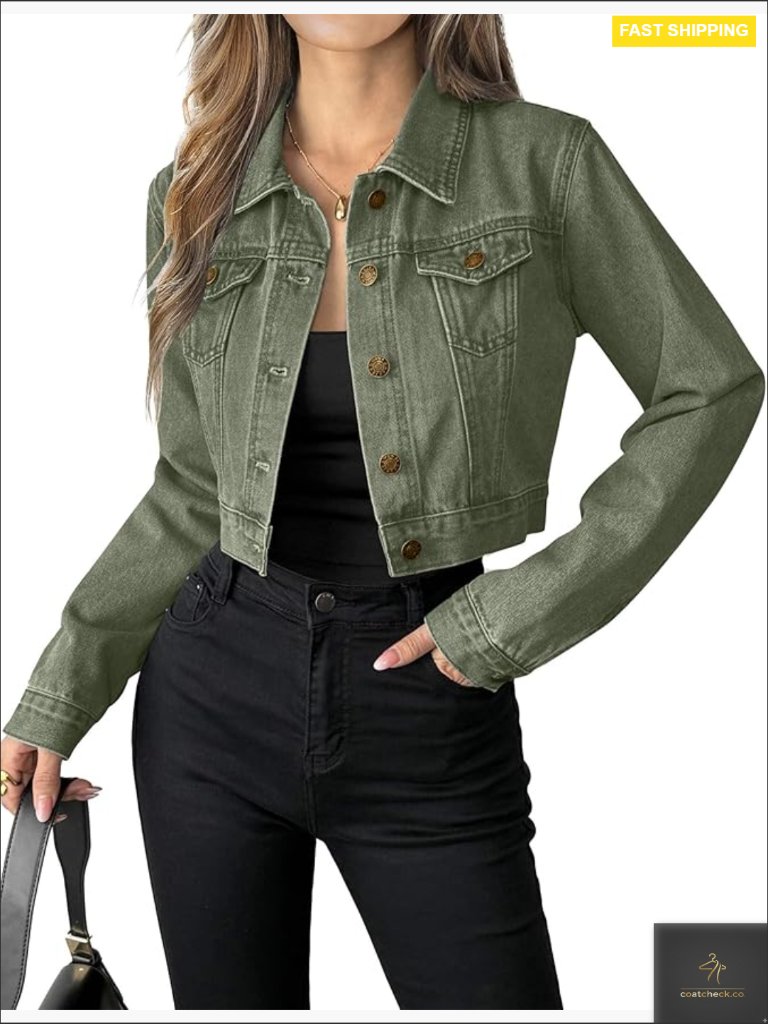 Button Down Long Sleeve Cropped Denim Jean Jacket Classic Trucker Style Fitted